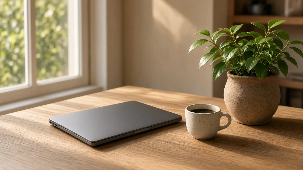 A sunlit desk with a closed laptop, a cup of coffee, and a small plant.